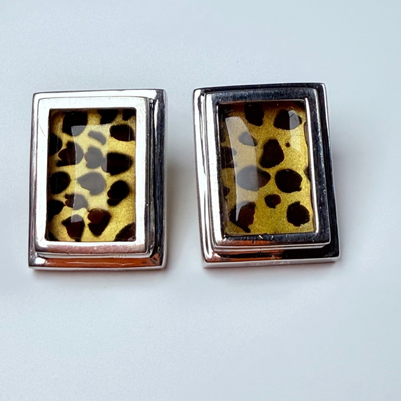 SETA Leopard Print Frame Avant Garde Sterling Silver 925 VTG 80's Glam Earrings - Picture 1 of 9